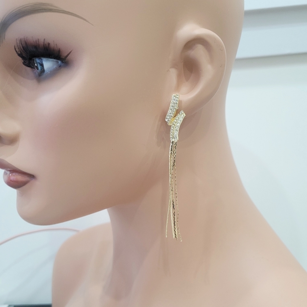 Brand New Gold Tone Rhinestone Tassel Dangle Earrings